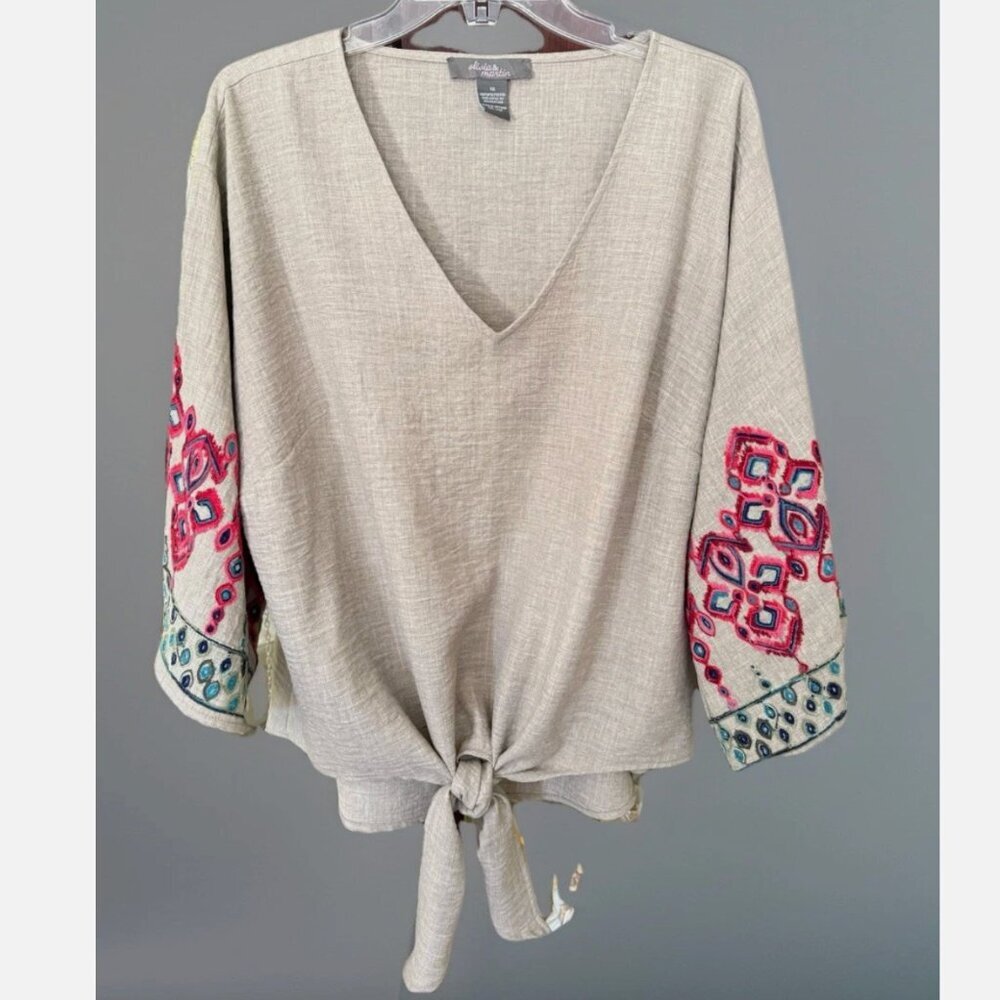 Olivia & Martin Women's Embroidered Kimono Sleeve Tie Front Top Blouse Size 1X
